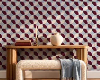 Burgundy Mid Century Wallpaper, Modern Geometric Oval Wall Mural, Retro 70s Arch Pattern Décor, Maroon Cream Peel and Stick Wallpaper