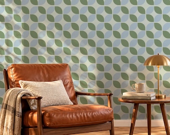 Mid Century Modern Wallpaper, Geometric Leaf Peel and Stick Wallpaper, Sage Green Retro Wall Mural, Minimalist Arch Pattern Wall Décor