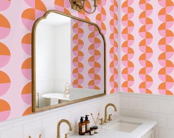 Retro Geometric Removable Wallpaper, Pink and Orange Wavy Peel and Stick Wall Mural, Mid Century Modern Bathroom Décor, Fun Abstract Pattern