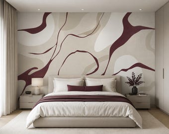 Burgundy Beige Abstract Wall Mural,   Fluid Line Wallpaper, Minimalist Organic Shapes Wall Décor, Peel and Stick Removable Wallpaper