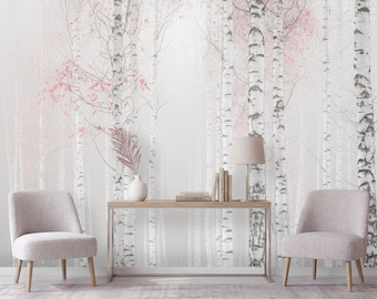 Mural de pared Bosque de abedules rosas, Papel pintado de árboles brumosos, Abedules en acuarela autoadhesivos, Decoración de pared para guardería, Arte de pared romántico de naturaleza