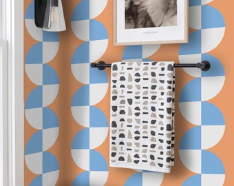 Modern Geometric Wallpaper, Orange and Blue Retro Peel and Stick Wall Mural, Abstract Scallop Pattern, Funky Contemporary Décor