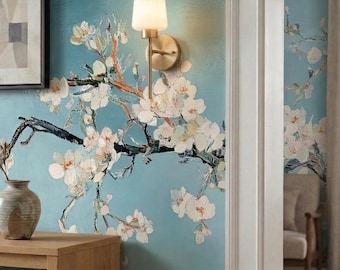 Papel pintado de flor de almendro, mural floral turquesa, decoración de pared con pintura al óleo autoadhesiva, mural artístico con textura impasto, papel pintado de gran formato
