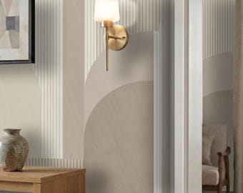 Mural de pared con arco geométrico beige, estilo de papel tapiz abstracto moderno en tonos neutros, autoadhesivo de mediados de siglo, fabricado con orgullo en EE. UU.