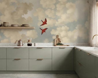 Papel pintado de nubes con pájaros, mural de pared de cielo melancólico, decoración de pared celestial con pájaros rojos, pintura al óleo de estilo antiguo autoadhesiva, arte para guardería