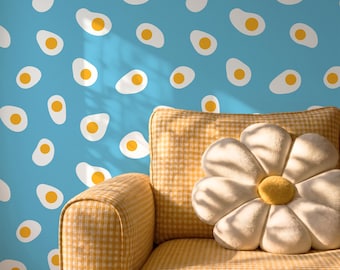 Fried Egg Wallpaper Peel and Stick, Cute Kitchen Wallpaper Blue, Danish Pastel Wall, Quirky Pop Art Wall Mural, Self Adhesive Food Pattern