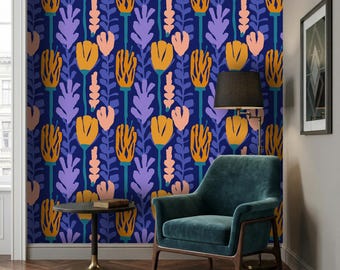 Dark Blue Matisse Floral Wallpaper, Bold Abstract Botanical Wall Mural, Navy and Gold Peel and Stick, Retro Flower Accent Wall