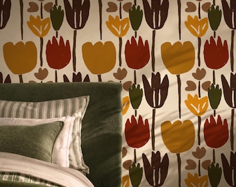 Retro Mid Century Tulip Wallpaper, Vintage Floral Peel and Stick Wallpaper, Earthy Floral Accent Wall, Scandinavian Abstract Nursery Décor