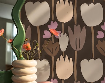 Dark Chocolate Floral Wallpaper, Moody Tulip Peel and Stick Wallpaper, Beige & Pink Brown Accent Wall, Vintage Mid Century Wall Décor