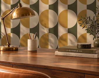 Mid Century Modern Geometric Wallpaper Mustard Yellow and Olive Green Peel and Stick Wallpaper Retro Arch Pattern Living Room Accent Wall