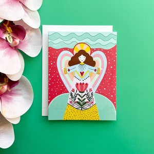 Angel card set, set of 4 illustrated Christmas cards, holiday greeting cards, blank, peace and joy card, colorful Christmas greeting card