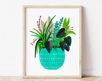 Plantas de la casa en maceta teal, plantas de la casa variada, impresión de la planta de la casa, ilustración de la planta, arte de la planta de la casa, decoración de la pared Boho, arte botánico de la pared