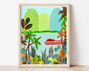 Tropical scene print, original art print, mountain art, wall decor, jungle illustration, forest art print, river art, tropical illustration