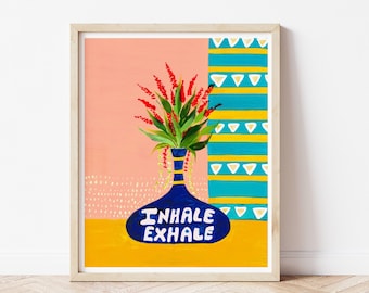 Yoga art print, breathing exercise, relaxing home decor, calming wall art, bold colourful print, house plant art, Botanical wall art