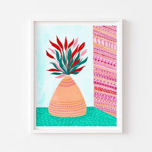 Impresión colorida de la planta en maceta, impresión de arte inspirado boho, decoración de la pared boho, arte de pared maximalista, arte de la planta de la casa, arte botánico de la pared