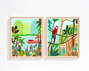 Jungle art, set of 2 botanical prints, tropical plants print, Kids room wall art, tropical jungle art print, set of 2 wall art, parrot print