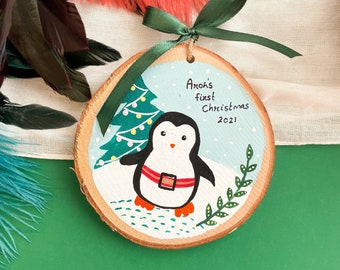Babys first Christmas ornament, hand painted wood ornament, custom name ornament, custom baby ornament, penguin ornament, personalized gift