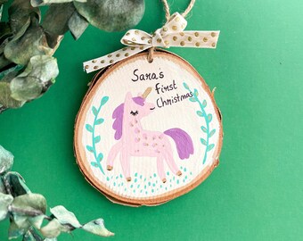 Babys first Christmas, painted wood ornament, custom baby name ornament, Christmas gift for baby, unicorn ornament, personalized baby gift