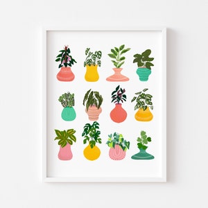 House plant art, colourful poster, beginner houseplant art, modern art print, plant lover gift, bohemian plant art, Botanical wall art image 1