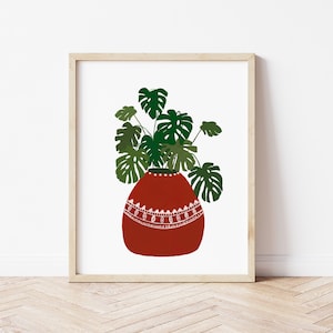 Cartel de Monstera, estampado de arte original monstera, planta en maceta de terracota, regalo adicto a plantas de la casa, impresión de plantas tropicales, decoración de la naturalezaPara la madre imagen 1