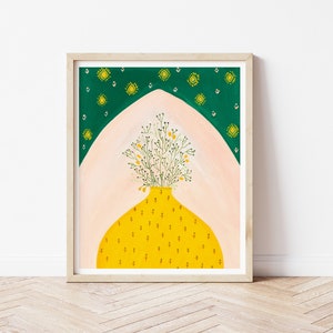 Impresión de arte amarillo, arte de jarrón vintage, arte botánico de la pared, arte de la pared del dormitorio, impresión de arte étnico, regalo de calentamiento de la casa, arte de la planta de la casaPara la madre