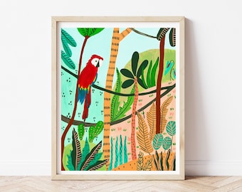 Scarlet macaw, Tropical art print, nursery wall decor, parrot print, jungle illustration, gift for plant lover, kids room art print,