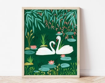 Swan art print, Tropical art print, nursery print, Botanical wall art, jungle art print, swan nursery decor, girl room art,housewarming gift