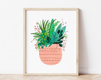 Peach potted plant, botanical wall art, Boho Minimalist art,  bohemian art print, Plant print, house plant art, plant home decorFor mother