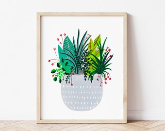 Plantas en maceta gris, decoración de la sala boho, impresión de arte de pared pastel, impresión original de bellas artes, arte de pared botánico, cartel de la planta, arte de color suave