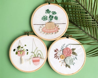 Set of 3 embroidery Kits, diy embroidery, hand embroidery tutorial, gift for mom, gift for her, plant mom gift, DIY gift, floral embroidery