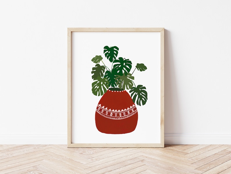 Cartel de Monstera, estampado de arte original monstera, planta en maceta de terracota, regalo adicto a plantas de la casa, impresión de plantas tropicales, decoración de la naturalezaPara la madre imagen 1