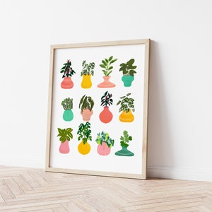 May include: A framed print with a white background featuring a collection of 12 potted plants in various colors and styles. The plants are drawn in a whimsical style with bold colors and patterns.