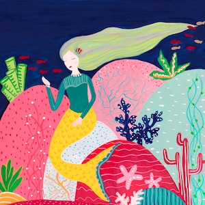 May include: A mermaid with long blonde hair sits on a coral reef. She has a green top and a yellow tail. The background is a dark blue with red and green coral.