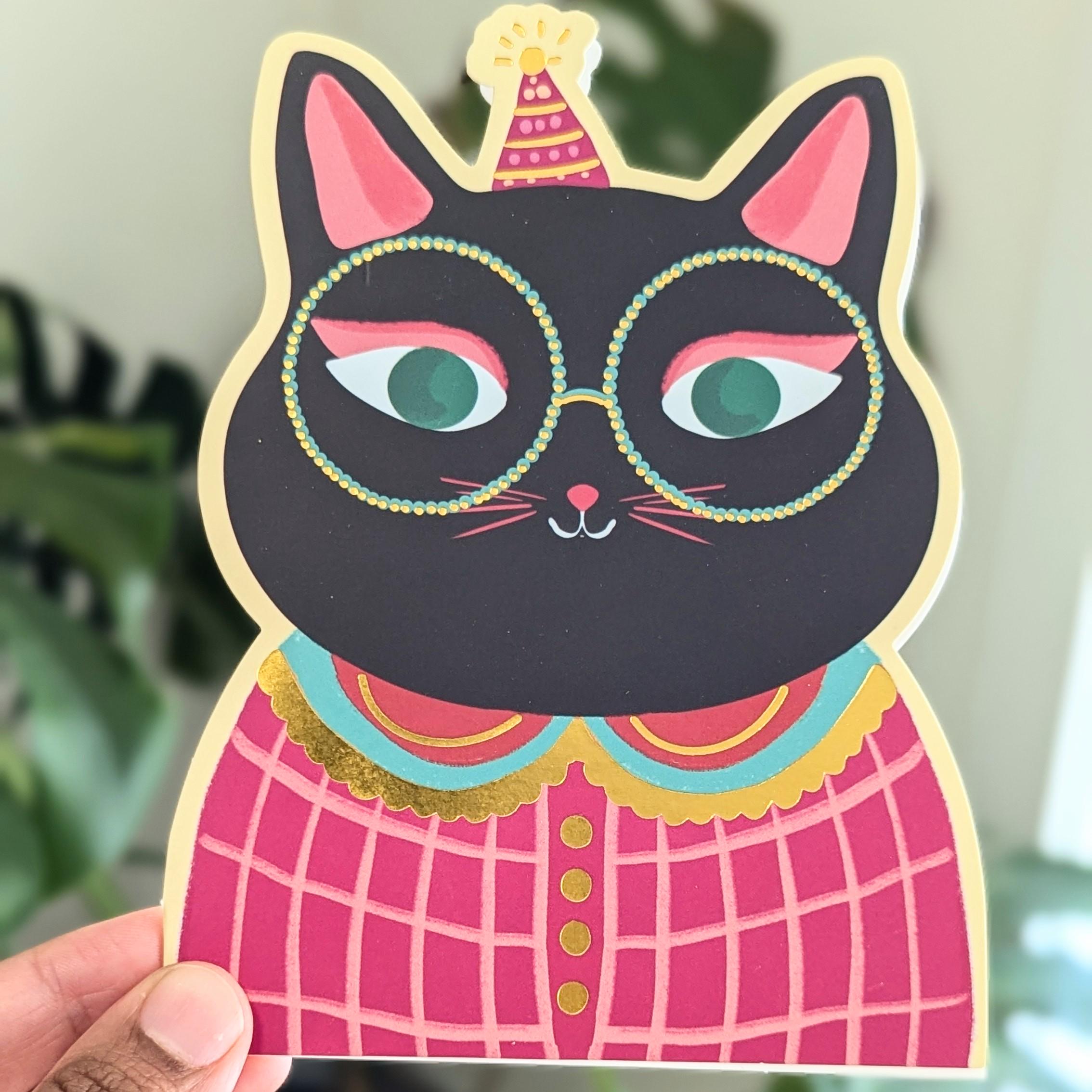 Die Cut Cat Birthday Card, Gold Foil Accents, Black Cat Birthday Card ...