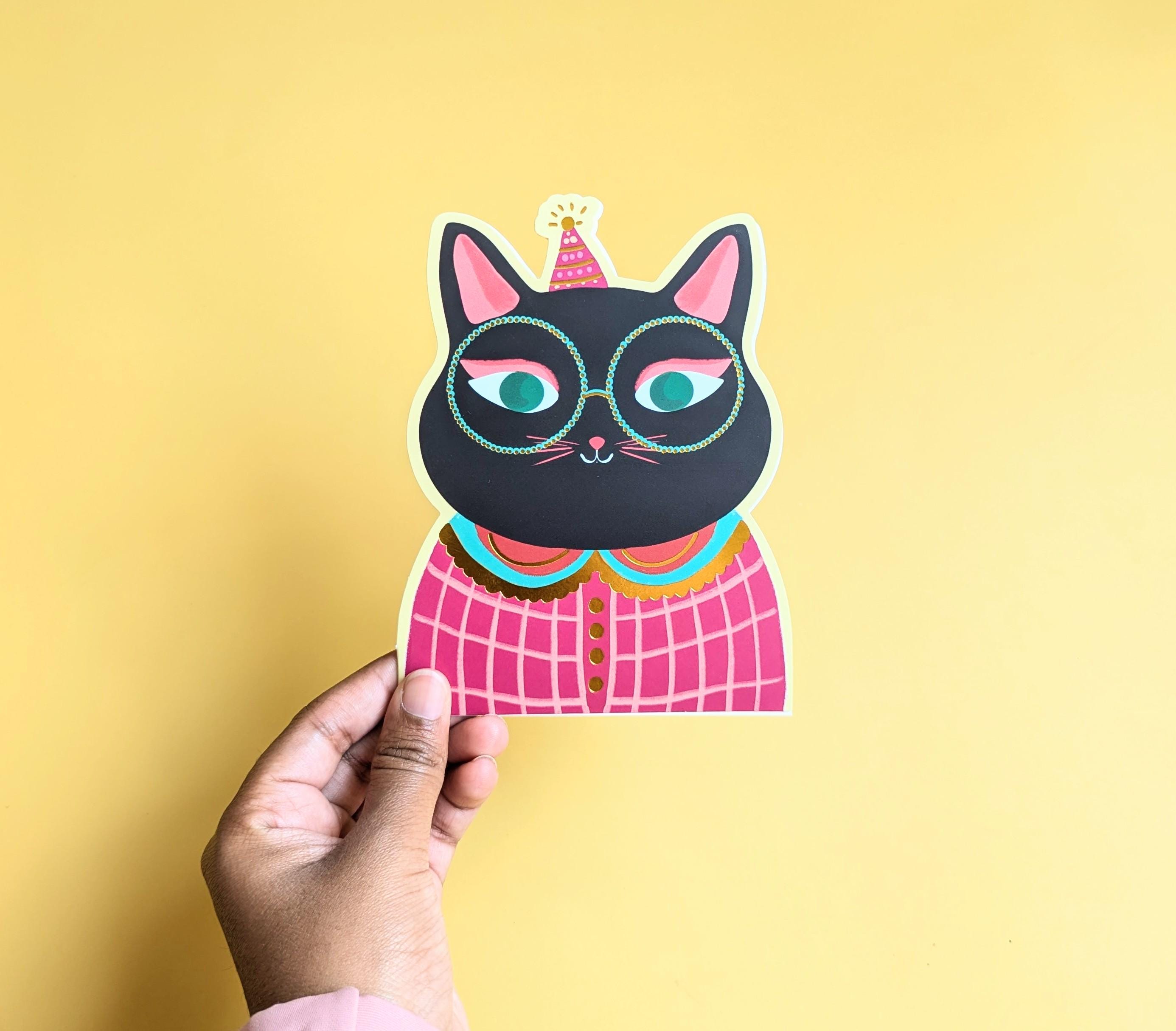 Die Cut Cat Birthday Card, Gold Foil Accents, Black Cat Birthday Card ...