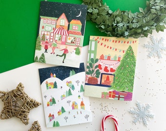 Set of 6 Christmas cards, holiday card set, set of 3 cards, illustrated card set, Christmas card pack,