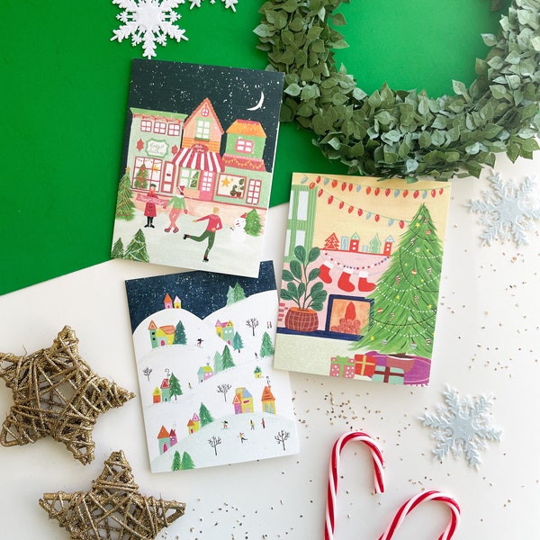 Set of 6 Christmas cards, holiday card set, set of 3 cards, illustrated card set, Christmas card pack,