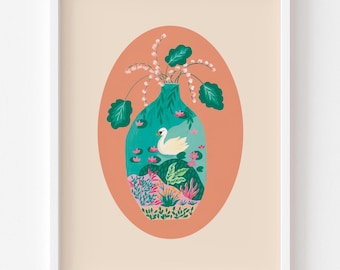Stampa artistica di cigno, stampa di dipinto di cigno, arte per la cameretta dei bambini, arredamento per la cameretta dei bambini, per lei, per bambina, per neonato, stampa artistica di uccello, cigno bianco, dipinto