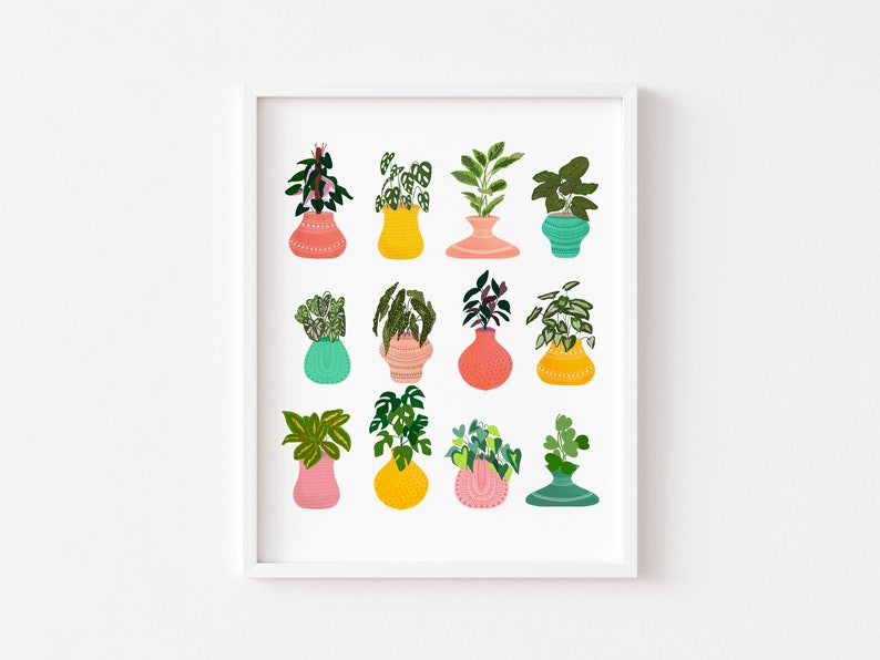 House plant art, colourful poster, beginner houseplant art, modern art print, plant lover gift, bohemian plant art, Botanical wall art image 1