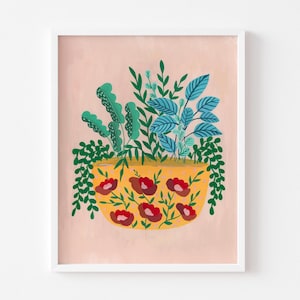 Red flower pot art print, House plant arty, Botanical art print, Botanical painting, colorful plant print, for living room, Plants in pot