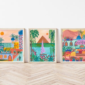 Set of 3 travel art prints, gallery wall print set, travel art print, Egypt  art print, Housewarming gift, gift for home, colorful art print