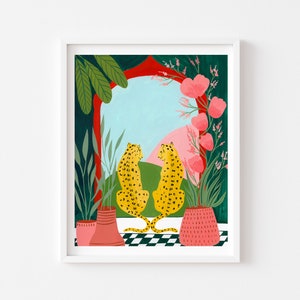 May include: Two yellow and black leopards sit facing each other in front of a window with a pink and blue sky. The window is framed by green plants and red curtains. The leopards are sitting on a black and white checkered floor.