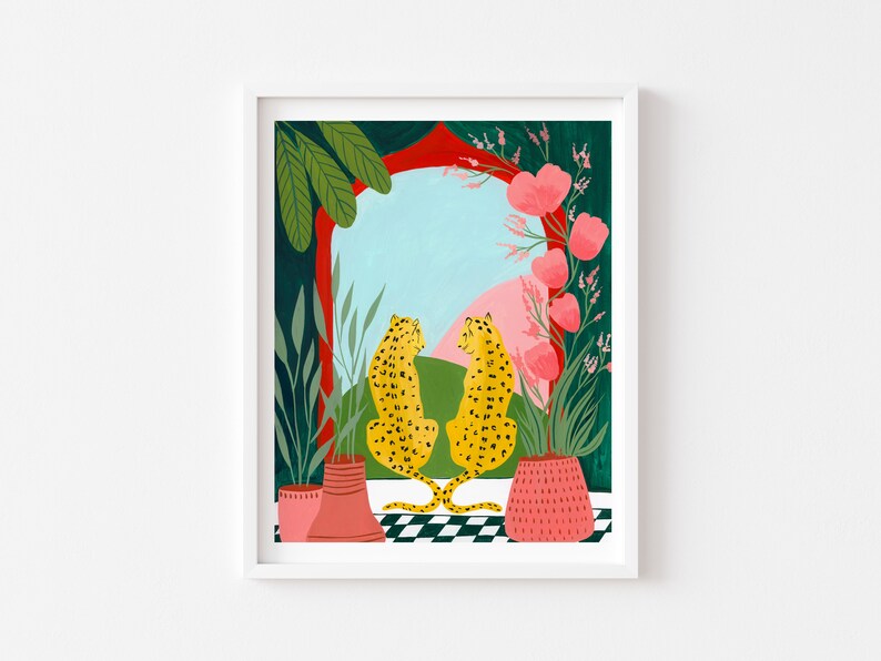 May include: Two yellow and black leopards sit facing each other in front of a window with a pink and blue sky. The window is framed by green plants and red curtains. The leopards are sitting on a black and white checkered floor.