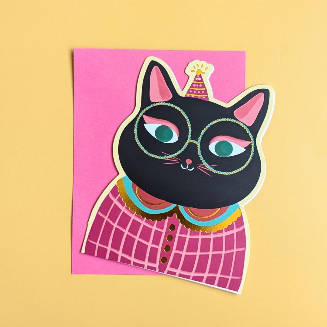 Die Cut Cat Birthday Card, Gold Foil Accents, Black Cat Birthday Card ...