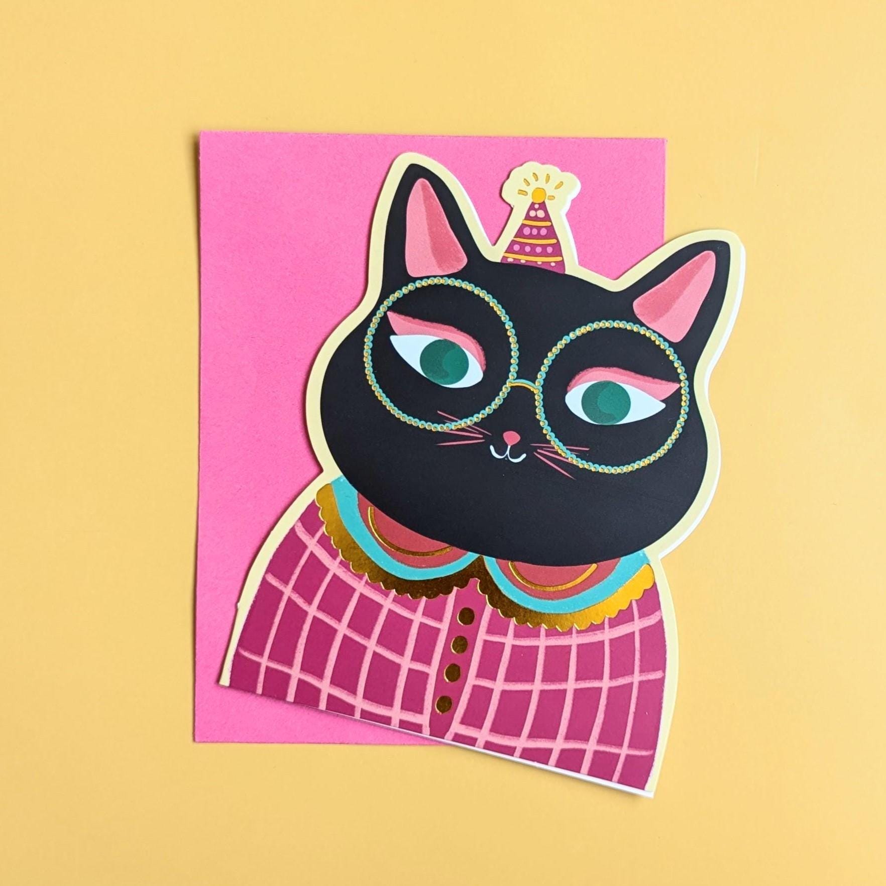 Die Cut Cat Birthday Card, Gold Foil Accents, Black Cat Birthday Card ...