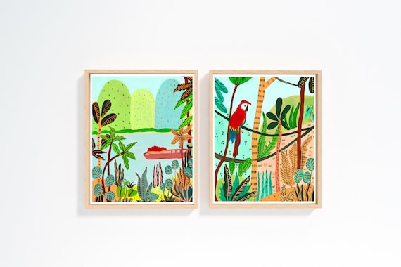Jungle art, set of 2 botanical prints, tropical plants print, Kids room wall art, tropical jungle art print, set of 2 wall art, parrot print