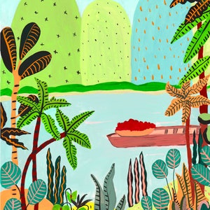 May include: Colorful tropical landscape painting featuring a boat on a light blue body of water. The artwork includes green and blue hills, palm trees, and various plants in shades of green, orange, and yellow. A red object sits in the boat.