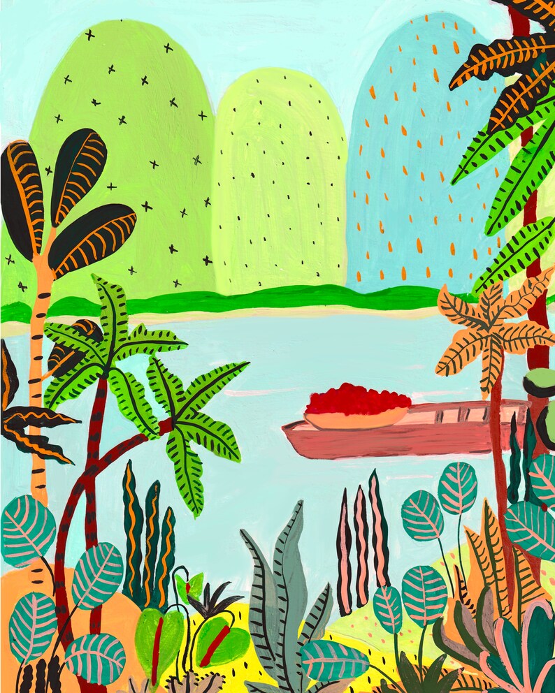 May include: Colorful tropical landscape painting featuring a boat on a light blue body of water. The artwork includes green and blue hills, palm trees, and various plants in shades of green, orange, and yellow. A red object sits in the boat.
