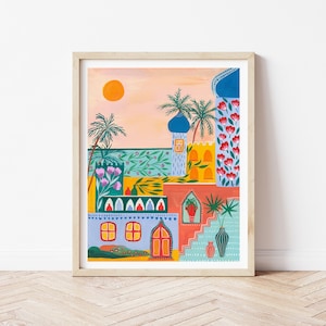 May include: A colorful illustration of a building with a blue dome, surrounded by palm trees and flowers. The building has a red roof, yellow walls, and blue windows. The background is a sunset sky.
