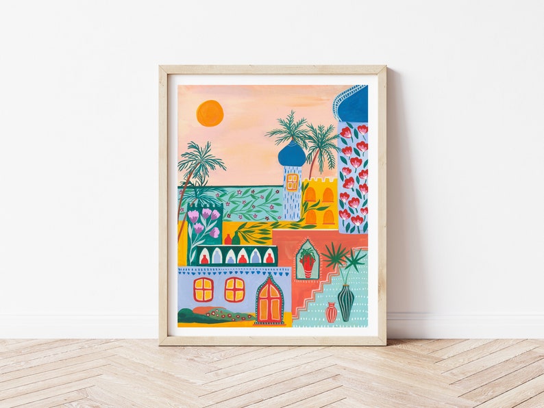 May include: A colorful illustration of a building with a blue dome, surrounded by palm trees and flowers. The building has a red roof, yellow walls, and blue windows. The background is a sunset sky.